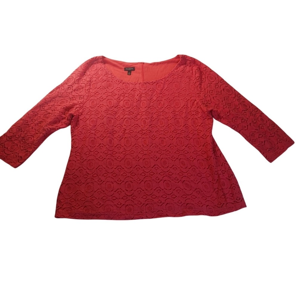 Talbots Geometric Lace Blouse Womens XL Coral Red 3/4 Sleeve Lined Pullover Top